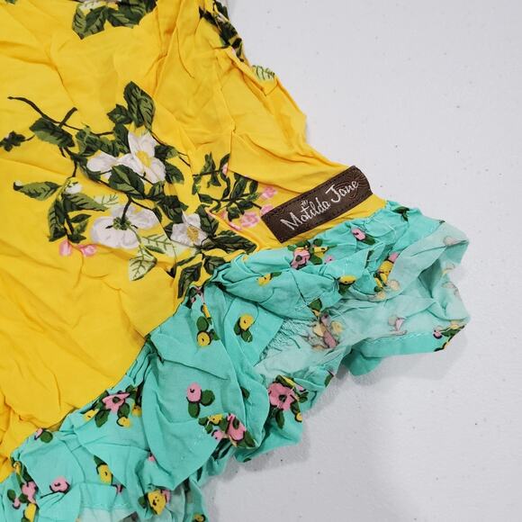 Matilda Jane Dress Women Small Yellow Floral Off Shoulder Ruffle Hem Aqua Boho - Picture 5 of 8